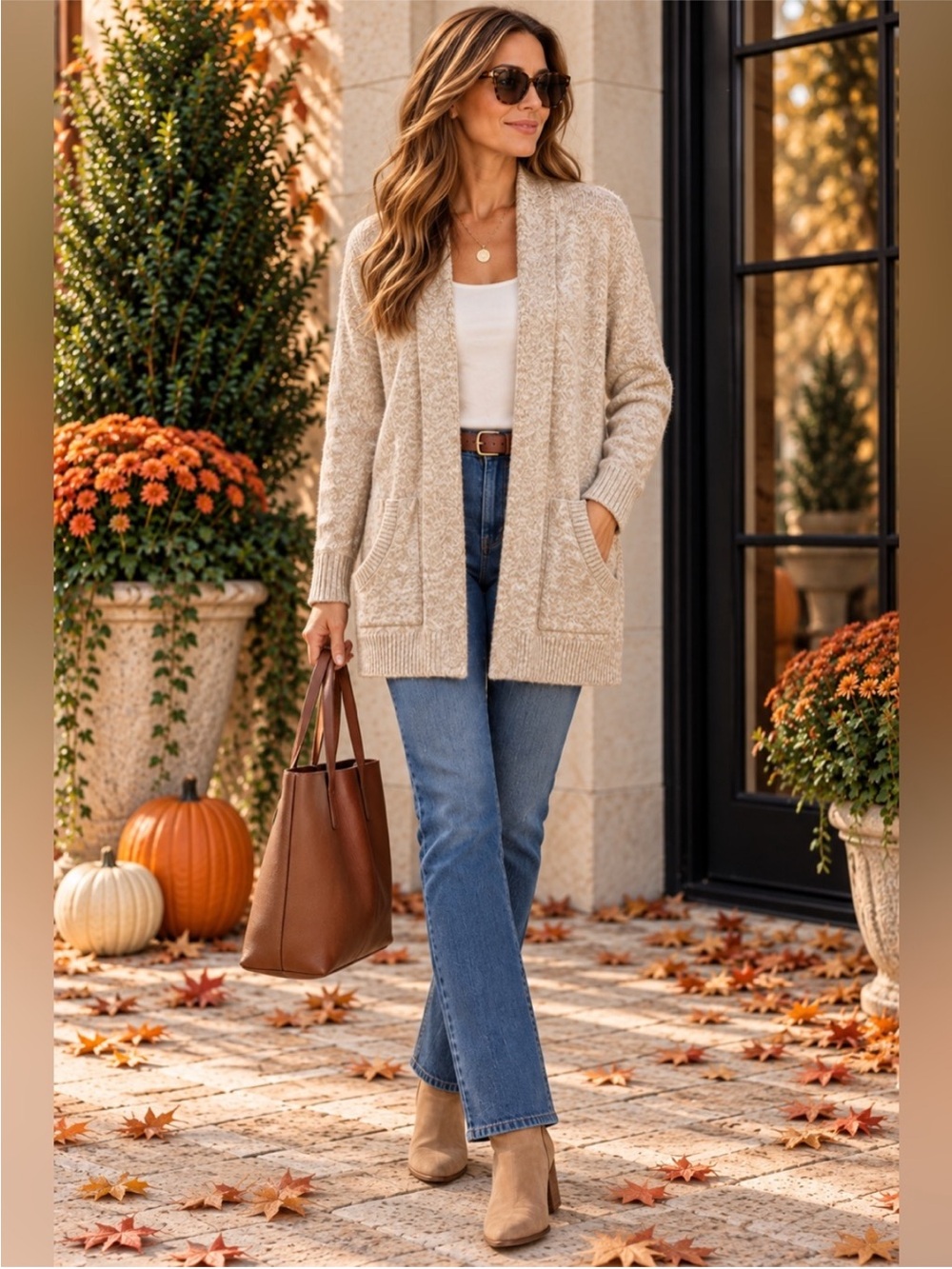L.L. Bean Cozy Oatmeal Marled Open Front Cardigan Sweater Coat with Pockets
